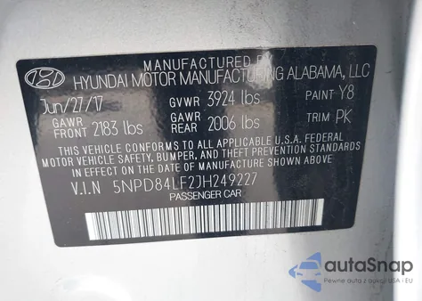 2018 Hyundai Elantra Sel z USA, uszkodzony, nr VIN 5NPD84LF2JH249227